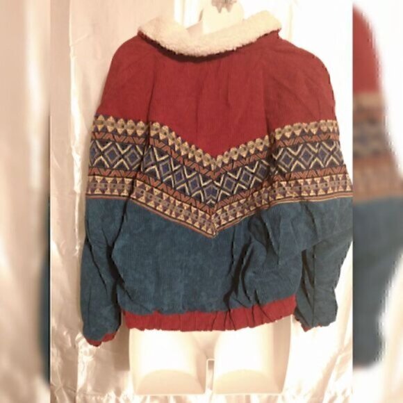 Tribal Aztec Lapel ,Button Down Fleece corduroy winter cropped coat jacket M - Picture 7 of 11